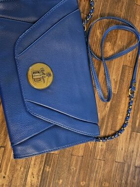 Elliot Lucca Blue Leather Crossbody with Gold-Tone Turnlock